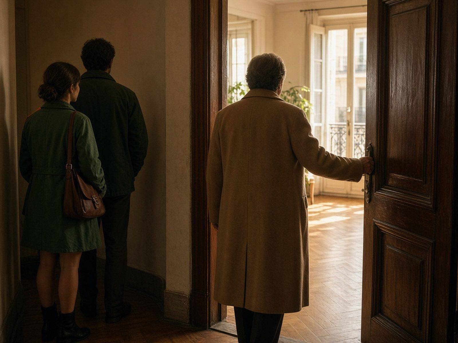 Un comercial, de espaldas, abre la puerta de un piso luminoso a una pareja que espera en el rellano.